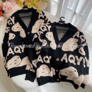 ( Cam Kết Loại 1 + Ảnh Thật ) Áo Cardigan Khoác Len Đen Hoạ Tiết Gấu Vàng Lông Xù