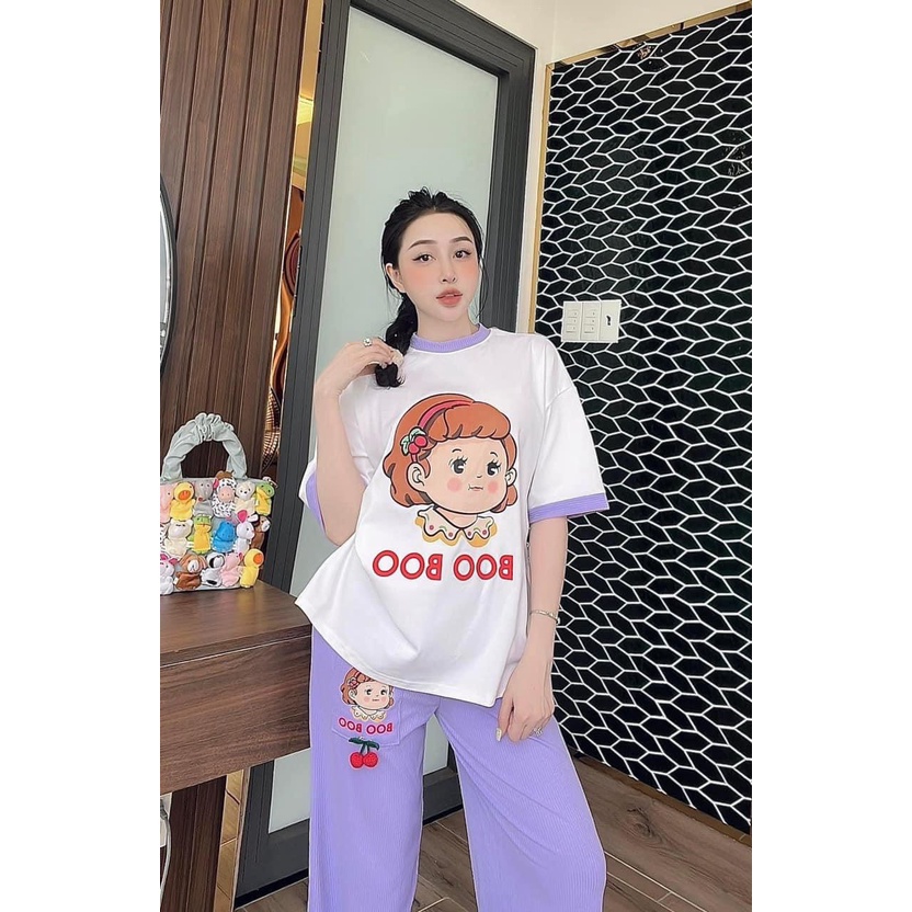[12.12 Sales Freeship] Set bộ áo thun cô gái BOO BOO phối quần thun ống suông nhiều màu sắc, set bộ mặc đi chơi mtb