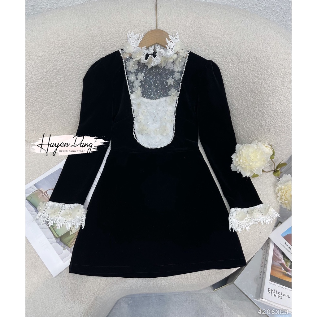 Đầm ngắn Tay dài chữ A phối ren 4206 - đầm thời trang nữ