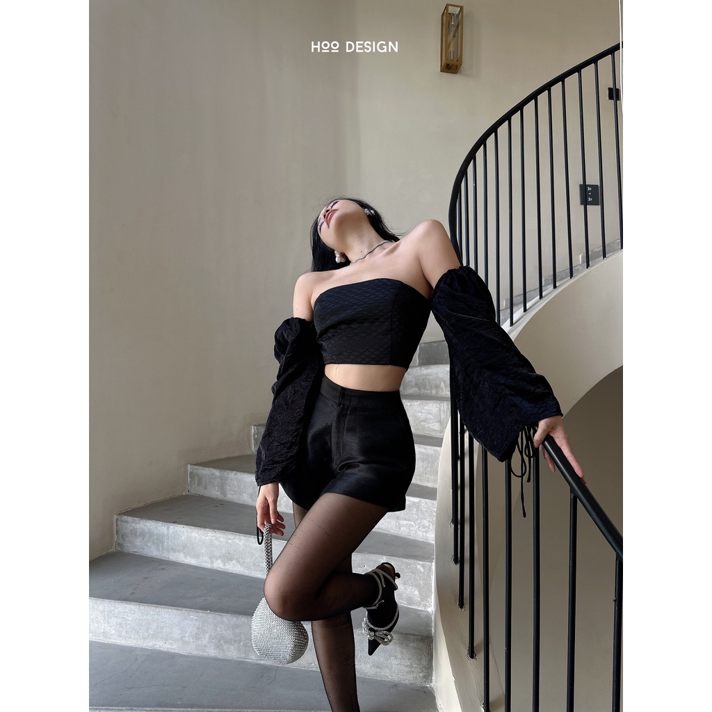 Áo Croptop Trễ Vai Vải Gấm Tay Rút Dây Tiểu Thư Màu Đen - HOO DESIGN