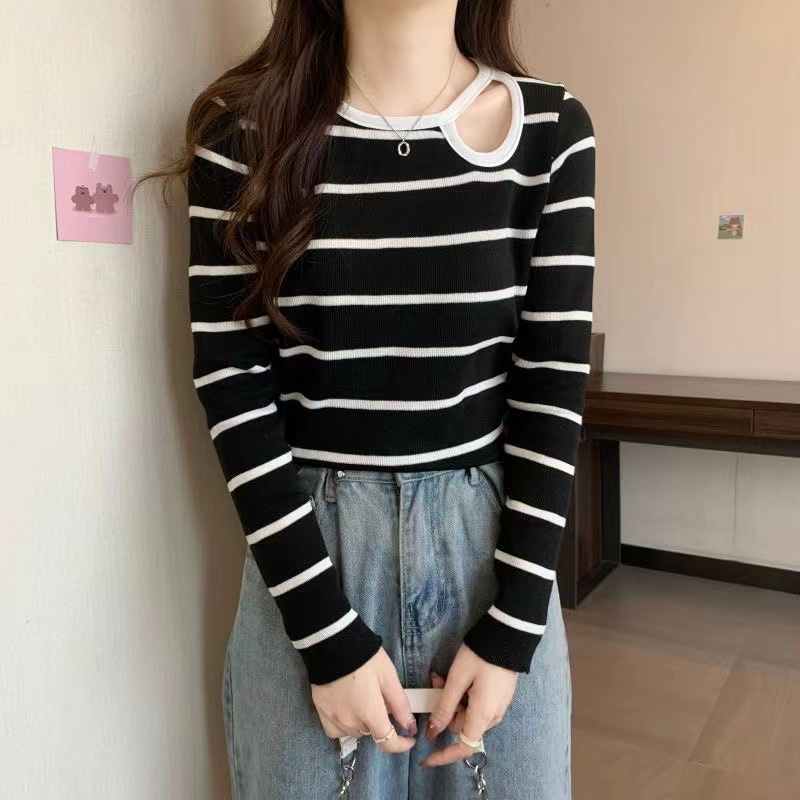 IELGYÁo sweater Dệt Kim Tay Dài Dáng Ôm Họa Tiết Kẻ Sọc Khoét Lỗ Thời Trang Cho Nữ