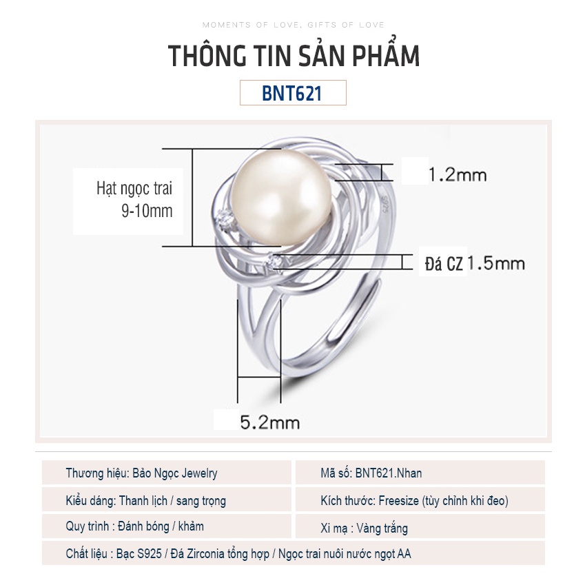 Nhẫn ngọc trai nuôi thiên nhiên hạt 9mm bạc s925 xi vàng trắng cao cấp freesize - BNT621 - Bảo Ngọc Jewelry