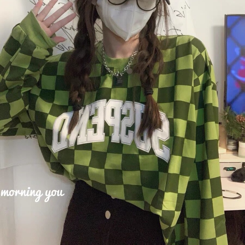 Áo Sweater Dáng Rộng Họa Tiết Sọc Caro Màu Xanh Lá Phong Cách Hippie Y2k Thời Trang Xuân Thu Cho Nữ