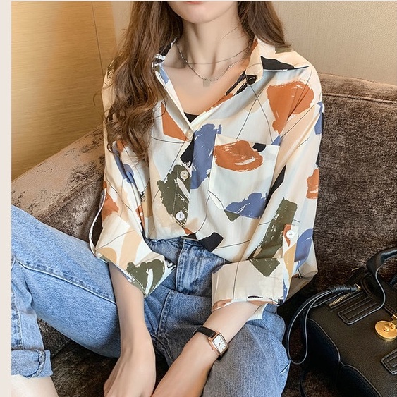 ZHELIHANGFEI Áo Sơ Mi Tay Dài Dáng Rộng In Họa Tiết Độc Đáo Thời Trang Mùa Thu Cho Nữ