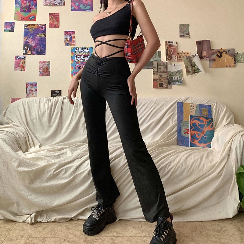 Quần Dài Mỏng Phối Dây Chéo Kiểu Retro Đường Phố Cá Tính Cho Nữ