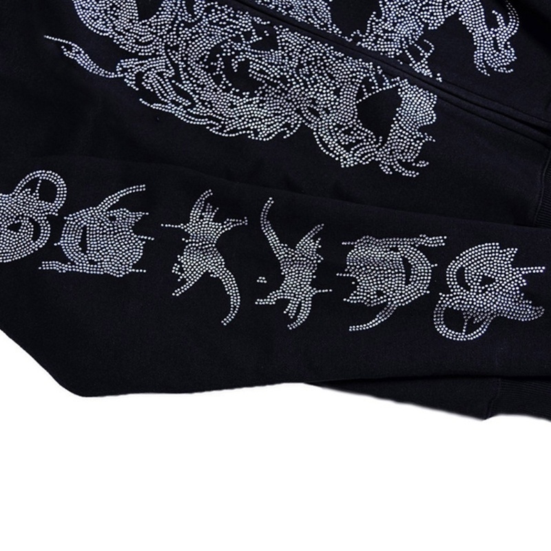 Xiangbao Áo Khoác Hoodie Tay Dài Có Túi Hình Rồng Đính Đá Kim Cương Giả Cho Nữ
