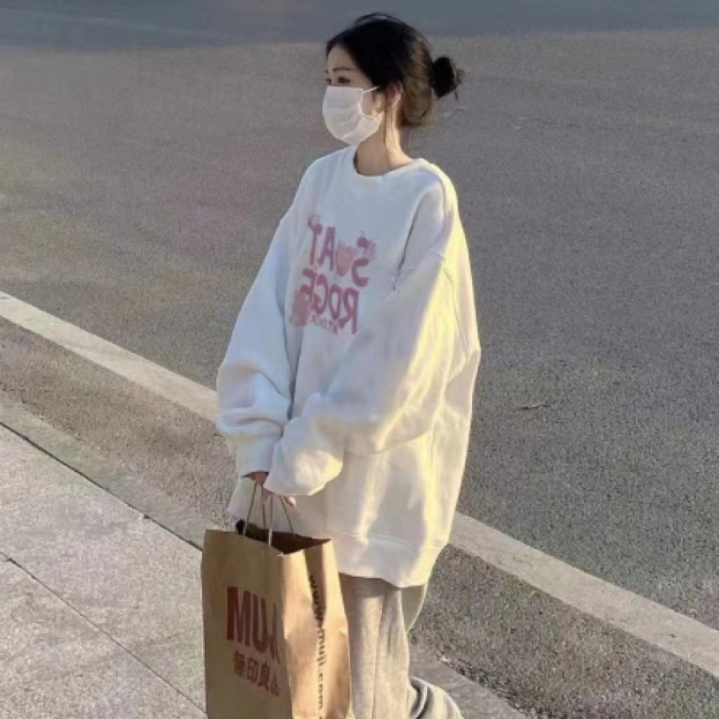 Áo nỉ  cổ tròn dáng rộng màu trắng/ đen thời trang cho nữ