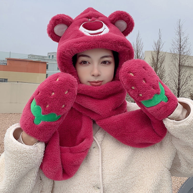 Dâu tây gấu mùa đông mũ khăn quàng cổ găng tay