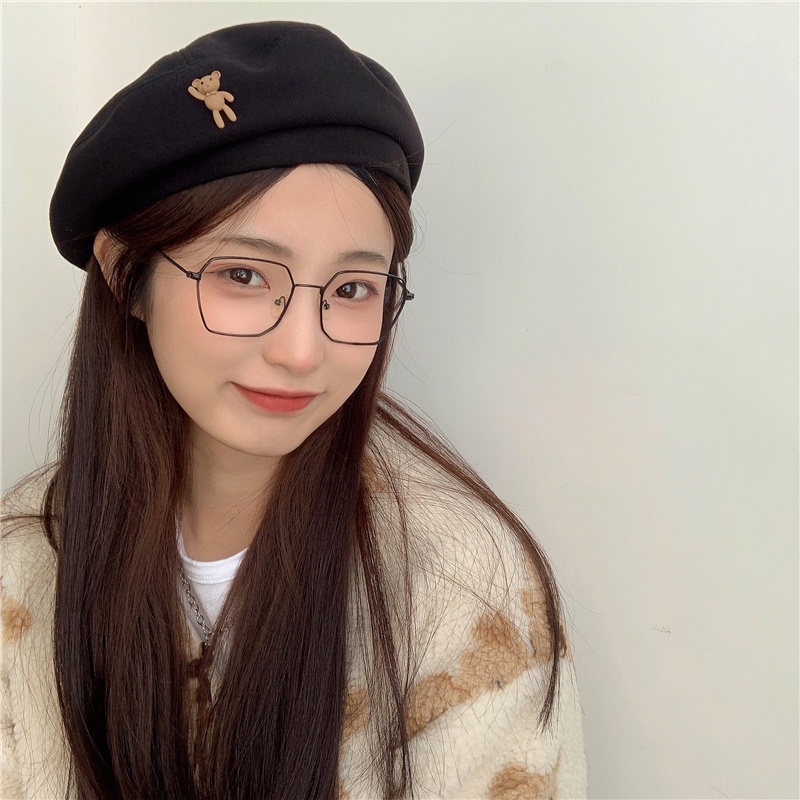 Mũ Beret Màu Trơn Họa Tiết Gấu Hoạt Hình Phong Cách Hàn Quốc Thời Trang Cho Nữ