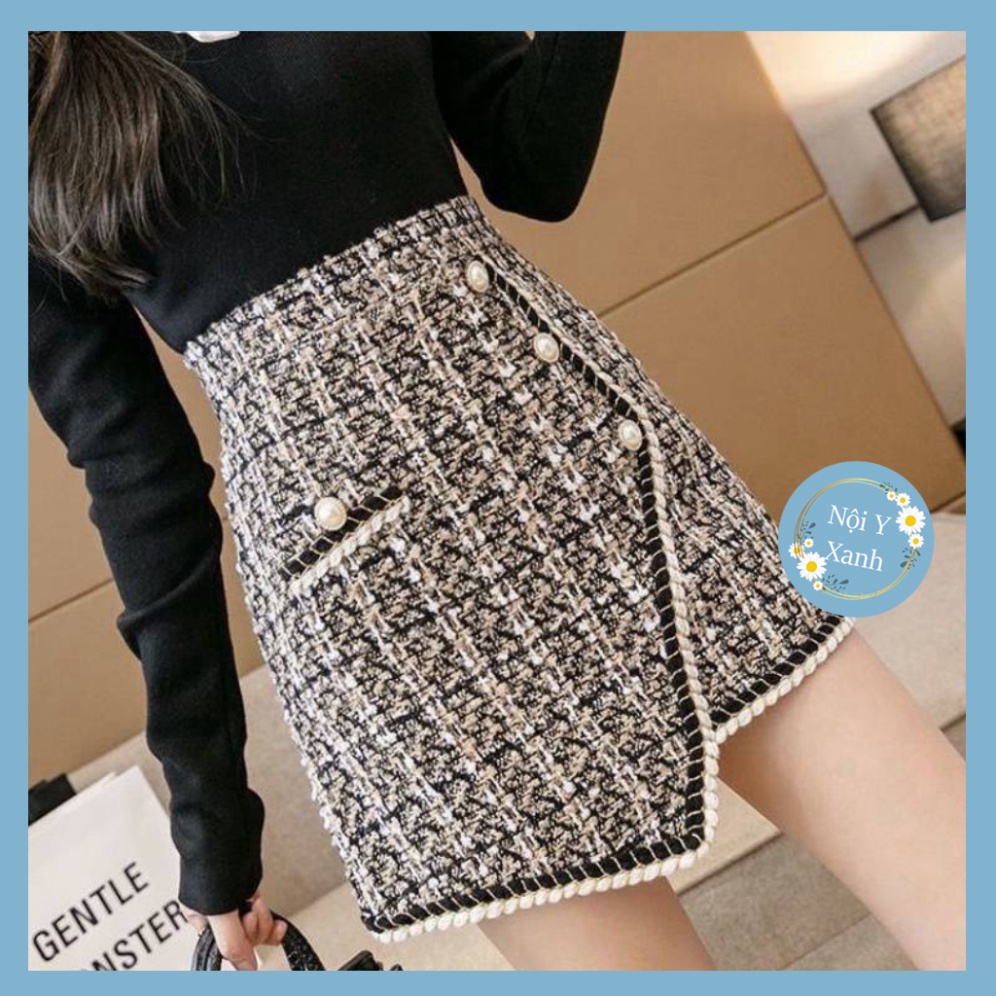 chân váy dạ nhung kim tuyến nữ-chân váy chữ A thiết kế phối cúc lệch uy quyền rét mướt CV66 Nội Y Xanh hot trend thu đôn