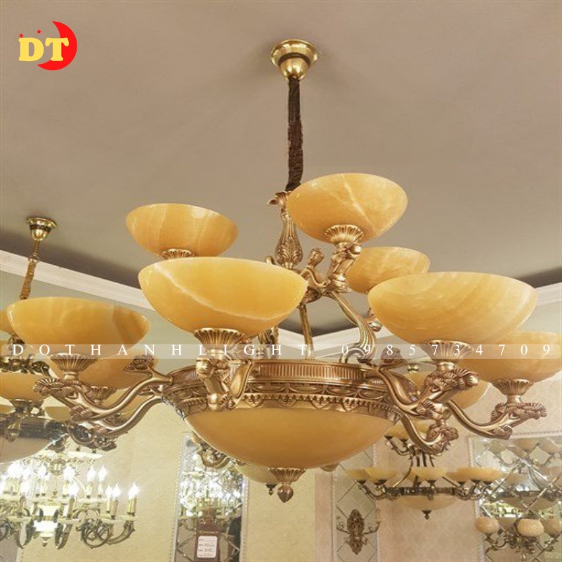 Đèn chùm đồng đá tân cổ điển hiện đại 12 tay trang trí phòng khách sang trọng DHT