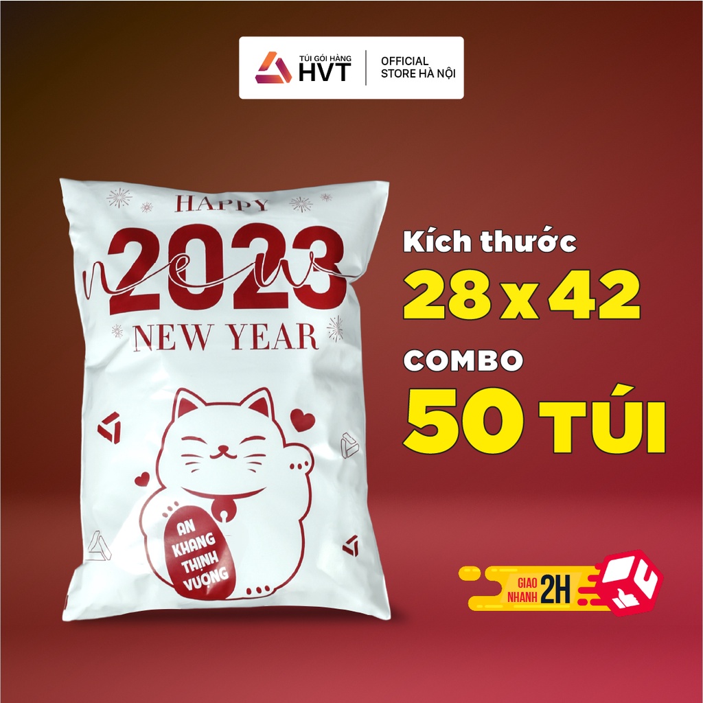 Túi Gói Hàng Đóng Hàng Niêm Phong NHUAHVT In Sẵn Happy New Year, Cuộn 50 túi
