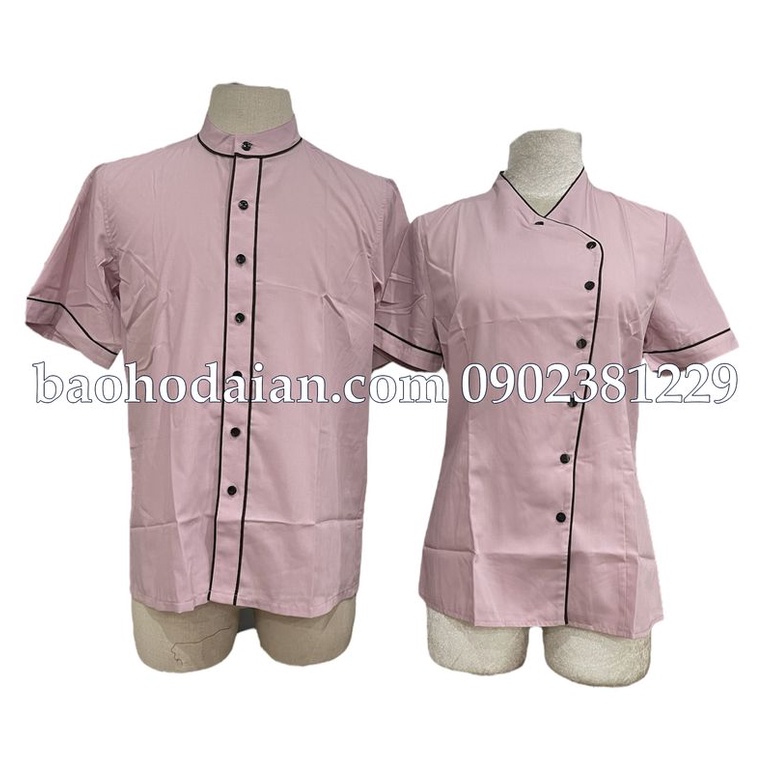 Áo phục vụ nam nữ màu hồng ruốc viền đen