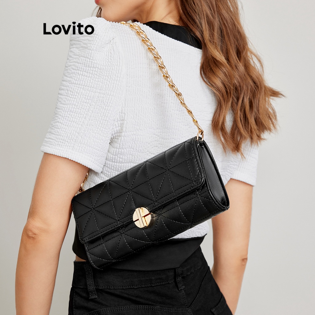 (Gợi ý từ KOL) Lovito Tao nhã Chần bông Túi có khóa xoắn L244BA08 (Trắng / Đen / Kaki / Nâu)