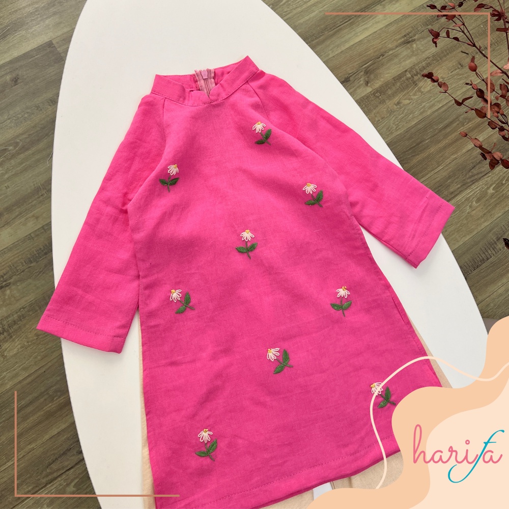 BADT010 Áo dài bé gái - màu hồng đậm - chất liệu linen thêu tay - họa tiết hoa lác đác - 1-6 tuổi