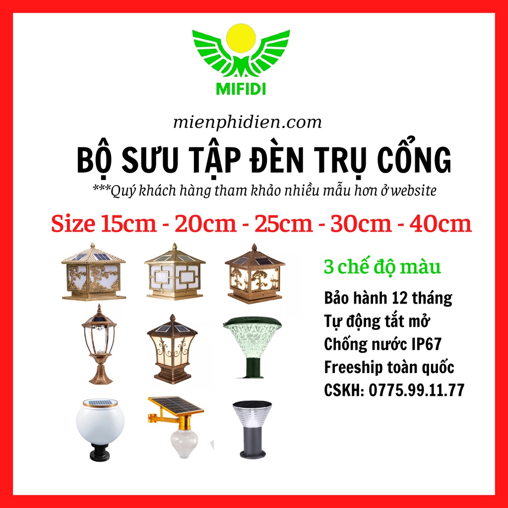 Đèn Trụ cổng Năng Lượng Mặt Trời Cao Cấp Mifidi Solar, 4 Chế Độ Màu Sang Trọng, Dành cho Villa, Biệt Thự, Nhà Phố