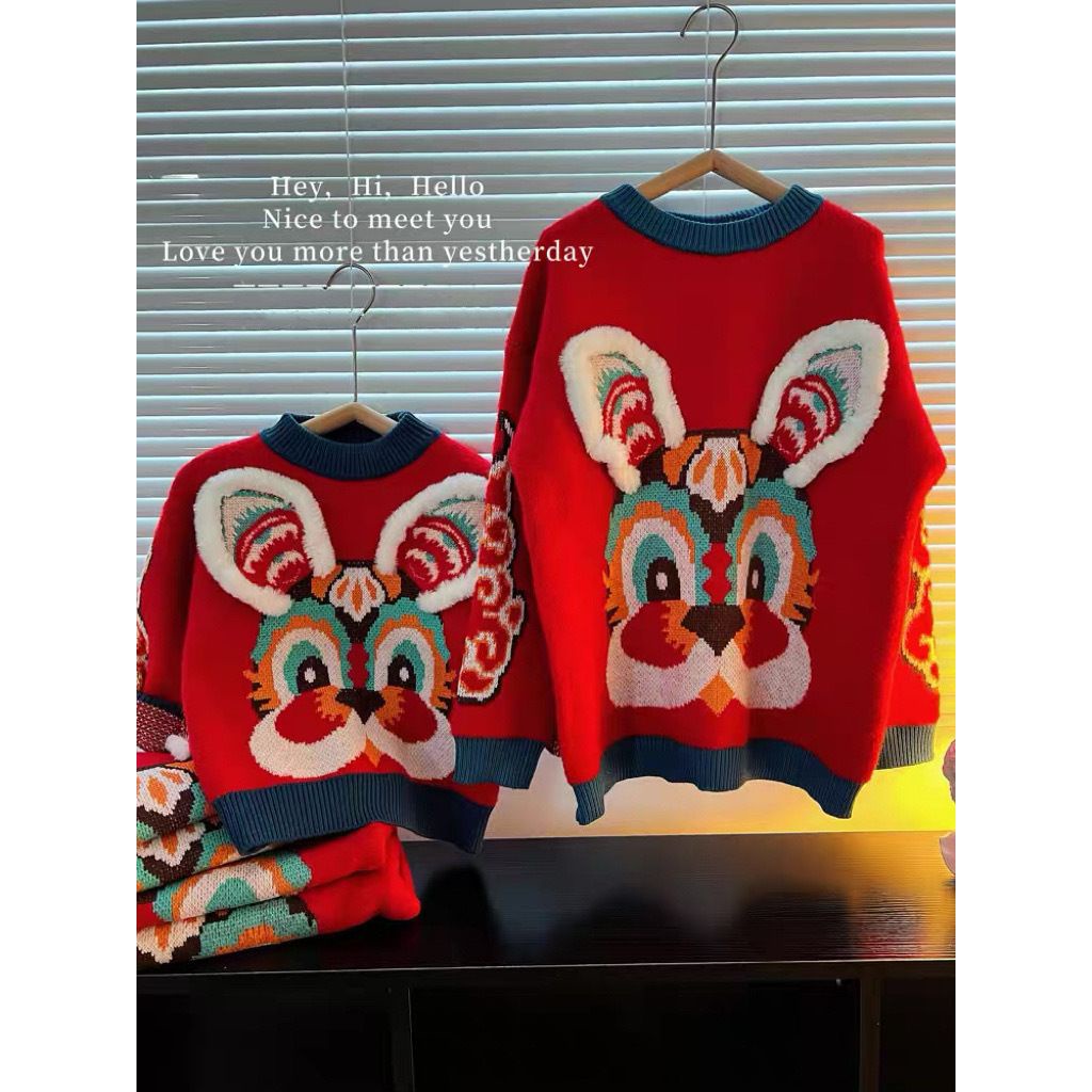 Kfc Áo Khoác Sweater Dệt Kim Chui Đầu Màu Đỏ Hình Thỏ Năm Mới Cho Mẹ Và Bé Fami
