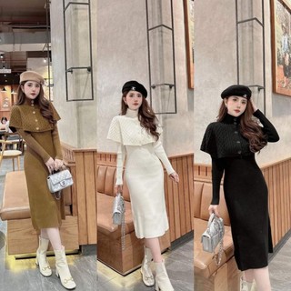 Set Váy Len Ms.5002 Đầm Len Dáng Suông Dài Kem Áo Choàng , Chất Len Dày Dặn Hàng QC loại 1