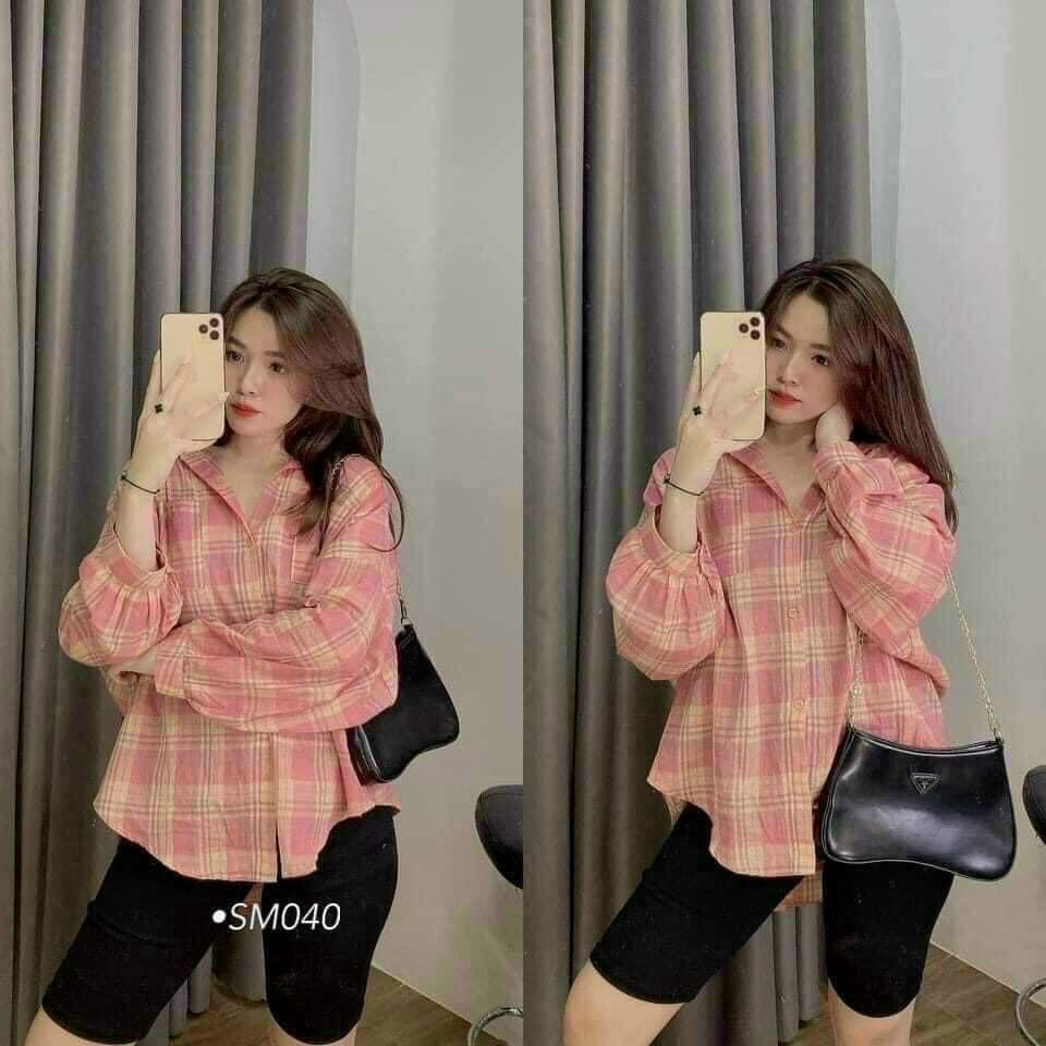 (FreeShip) Sét Bộ Caro Lửng,Aó Sơ Mi Tay Dài Phồng Có Túi Mix Quần Legging,Phong Cách Trẻ Trung cá Tính