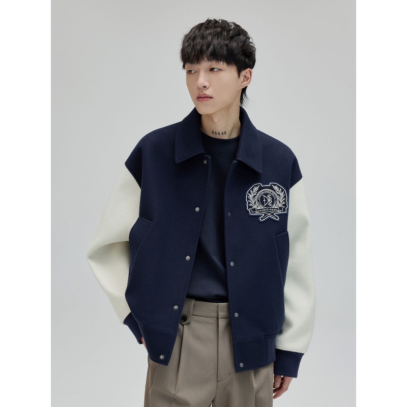 Áo Khoác Bóng Chày Cổ Vuông Bằng Len Giả Thêu Họa Tiết Màu Sắc Tương Phản Phong Cách Preppy