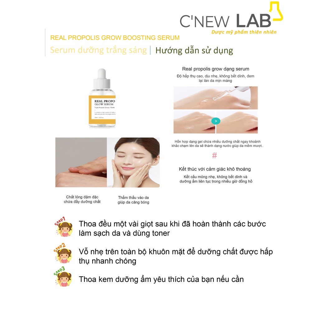 Serum dưỡng trắng Real Propolis Glow Boosting Serum C'NEW LAB giúp da mịn màng và tươi sáng 50ml - màu vàng