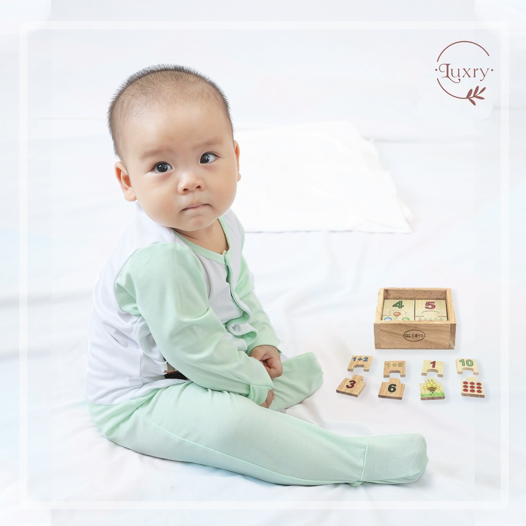 Bộ bodysuit dài tay liền tất phối màu dễ thương, thoáng mát mềm mịn nhà Luxry cho bé sơ sinh đến 12 tháng