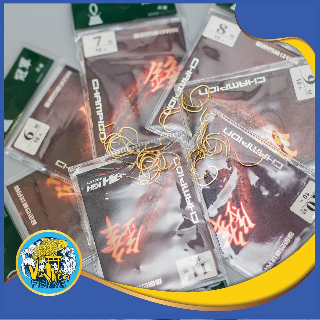 Lưỡi Câu Cá Chép Siêu Bén Dáng Mảnh Màu Vàng CHAMPION  - Vũ Môn Ninh Bình