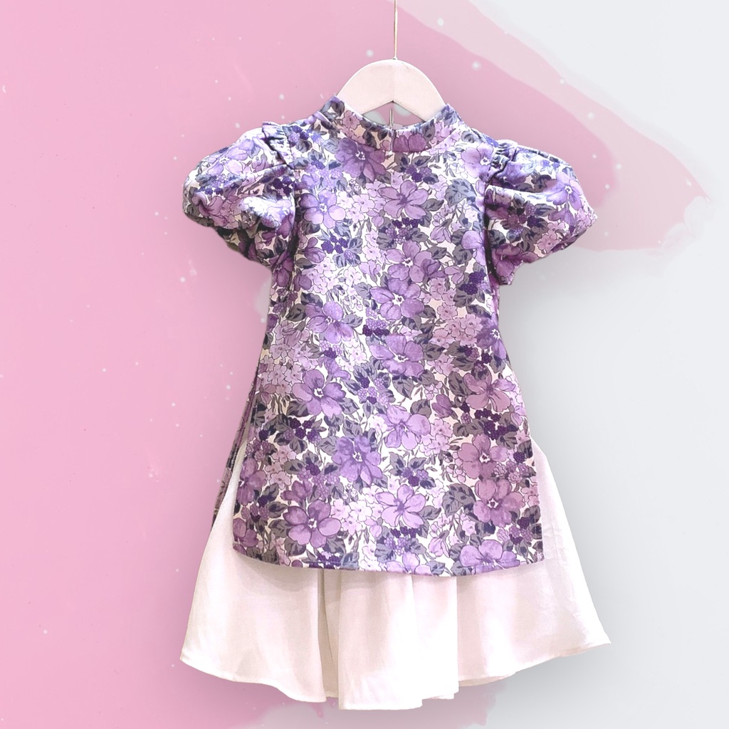 Áo dài cách tân bé gái mặc tết hoa màu hồng xanh tím vàng đỏ xòe cho bé đi chơi, lễ tết có size tới 24Kg