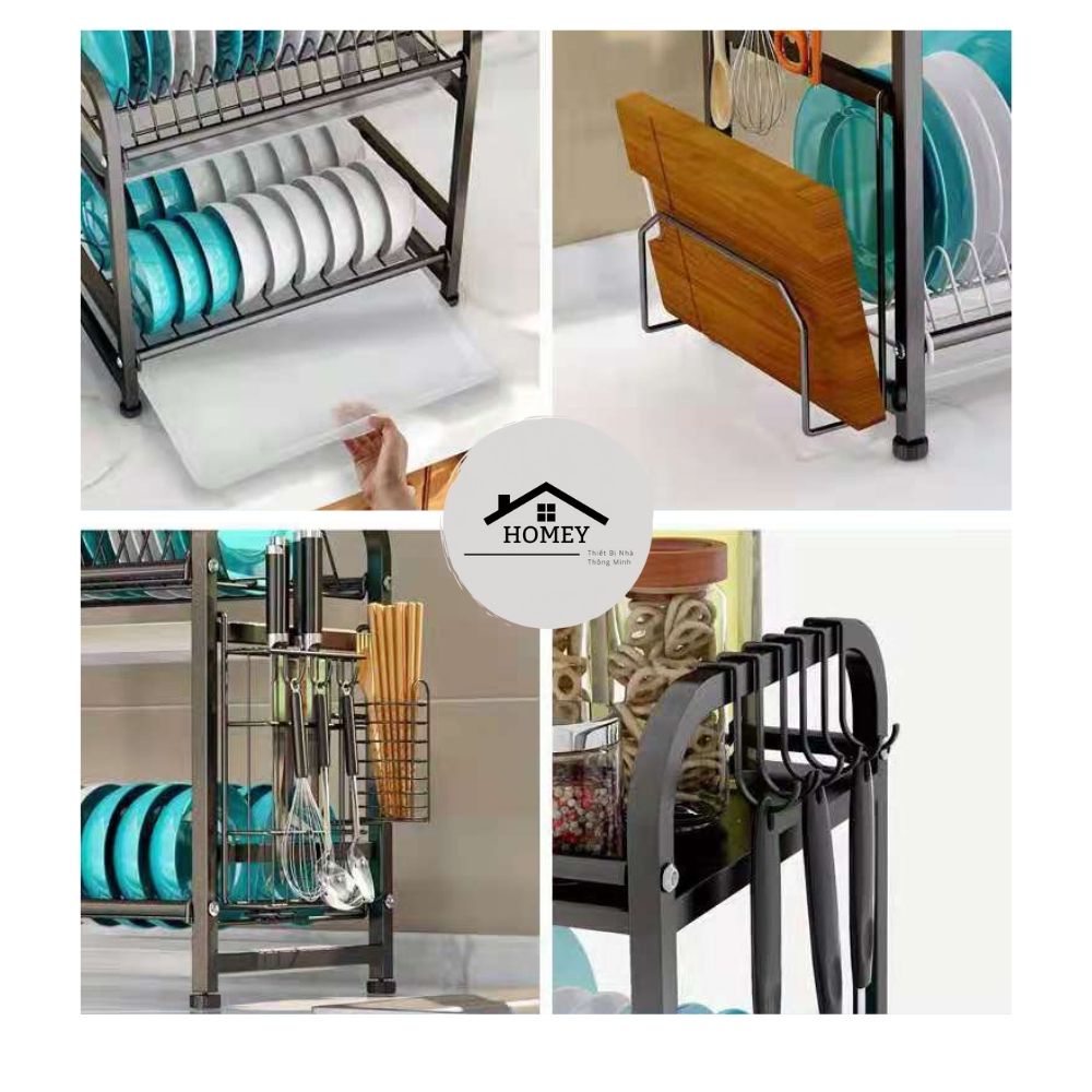 Homey - [HÀNG NHẬP KHẨU NGUYÊN THÙNG] Kệ Úp Chén Dĩa Inox 201 Đa Năng 2 Hoặc 3 Tầng - Có Khay Hứng Nước &amp; Ống Đũa