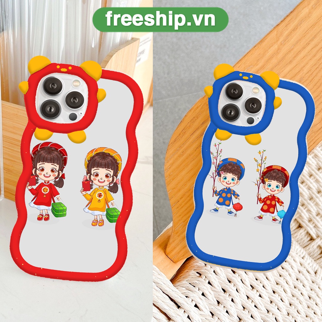Ốp lưng iphone viền gấu sóng lượn bé du xuân đón tết 6/6plus6s/6splus7/7plus/8/8plusx/xr/xs/11/12/13/pro/max/plus/promax