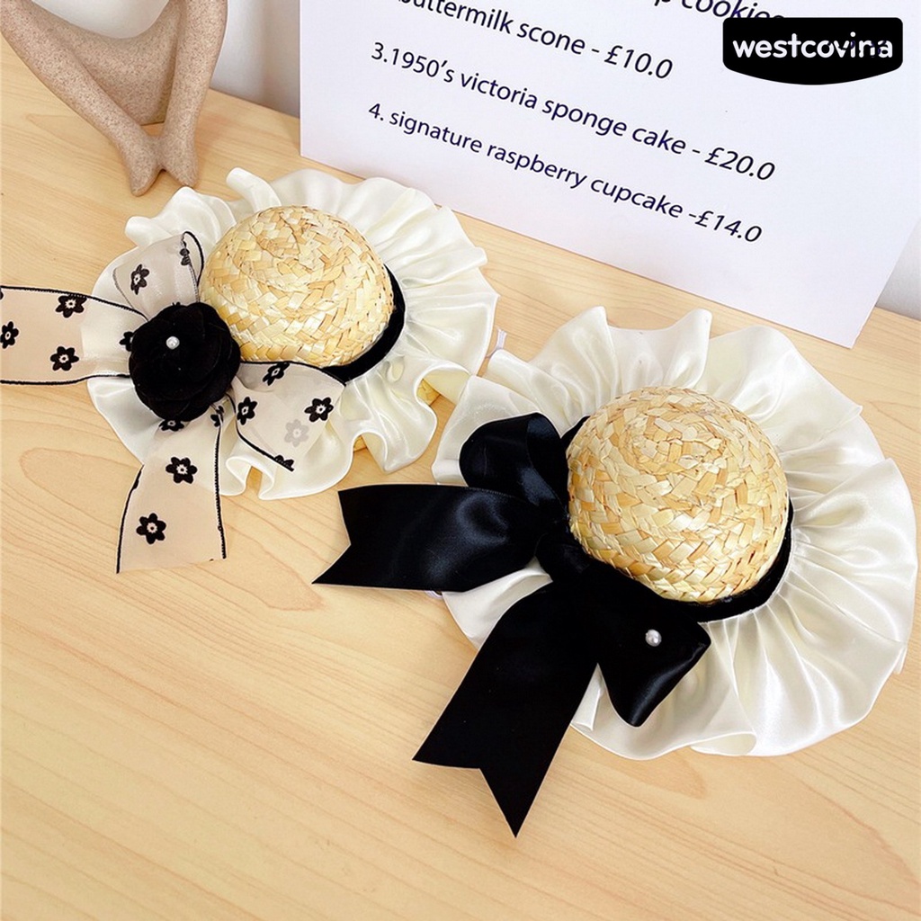 [COD]♘Mũ Cói Che Nắng Đính Nơ Viền Bèo Dễ Thương Thoải Mái Cho Thú Cưng