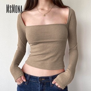 MsMona Áo Thun Nữ Thời Trang Màu Trơn Kaki Cổ Vuông Dài Tay Ôm Phù Hợp Gợi Cảm Thường Ngày Tất Cả Trận Đấu Áo