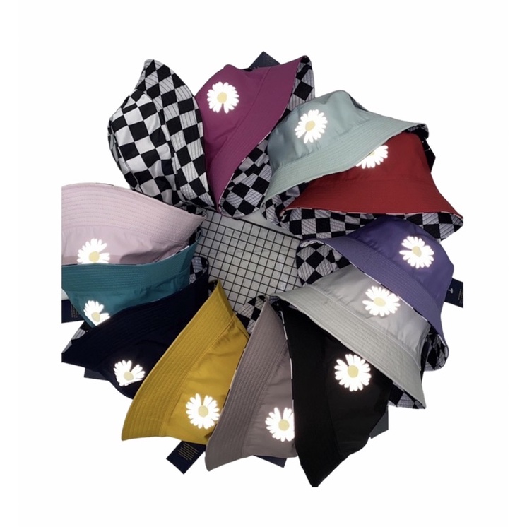 Nón bucket 2 mặt phản quang caro hoa cúc thời trang