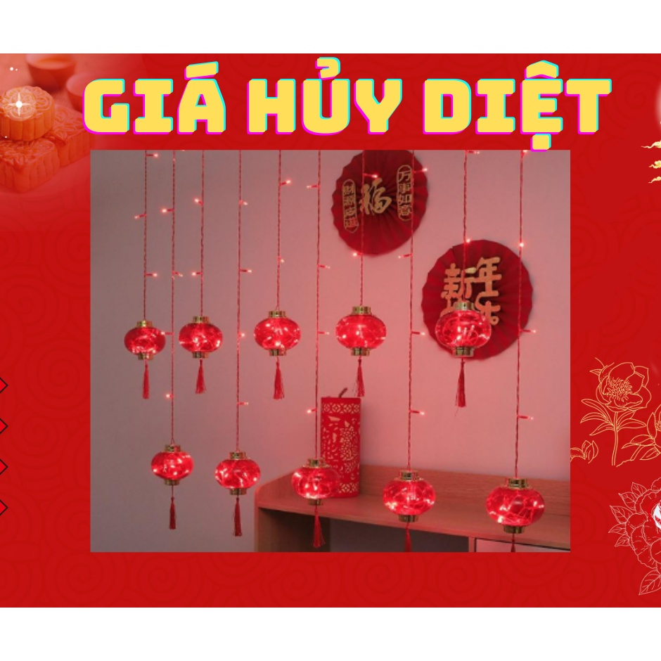 Dây đèn led Rèm hình Lồng đèn đỏ may mắn trang trí lễ Tết, siêu sáng, chống thấm ngoài trời (cắm điện 220V)