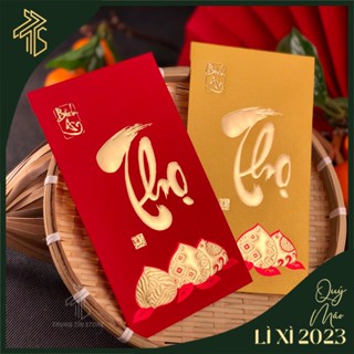 Bao lì xì đỏ mừng thọ, mừng tuổi, đi lễ mẫu chữ Thọ họa tiết nhũ vàng, hiệu ứng nổi 3D cao cấp