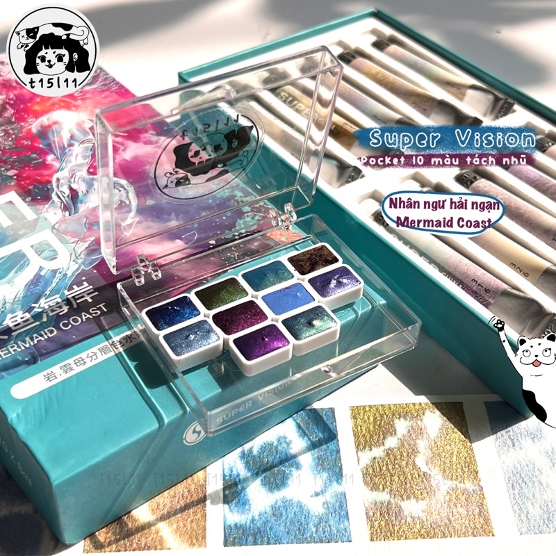 [t15l11] Pocket màu nước tách nhũ Super Vision bản Nhân Ngư Hải Ngạn 10 màu