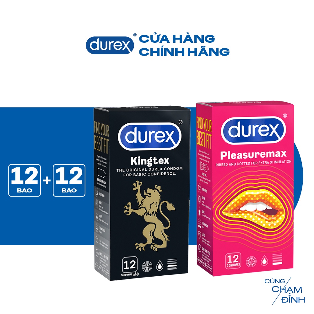 Bộ 1 hộp bao cao su Durex Kingtex ôm sát (49mm, 12 bao/hộp) và 1 hộp Durex Pleasuremax gân gai (56mm, 12 bao/hộp)