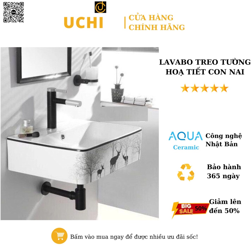 Lavabo Treo Tường Hoạ Tiết Con Nai - Bồn Rửa Mặt Treo Tường - Bồn Lavabo Con Nai Treo Tường