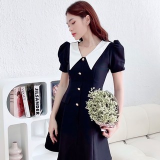 Đầm thiết kế cổ phối trắng cúc dọc thanh lịch