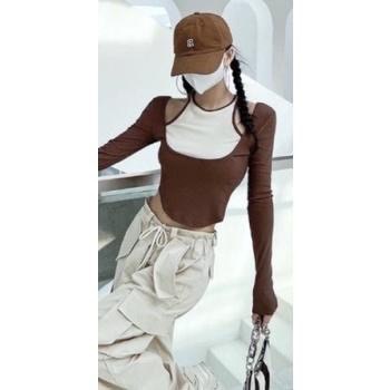 Áo kiểu nữ dài tay vạt bầu phối yếm siêu xinh- Ringu shop