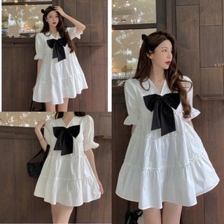 Đầm xòe babydoll cổ V nơ đen to siêu kute