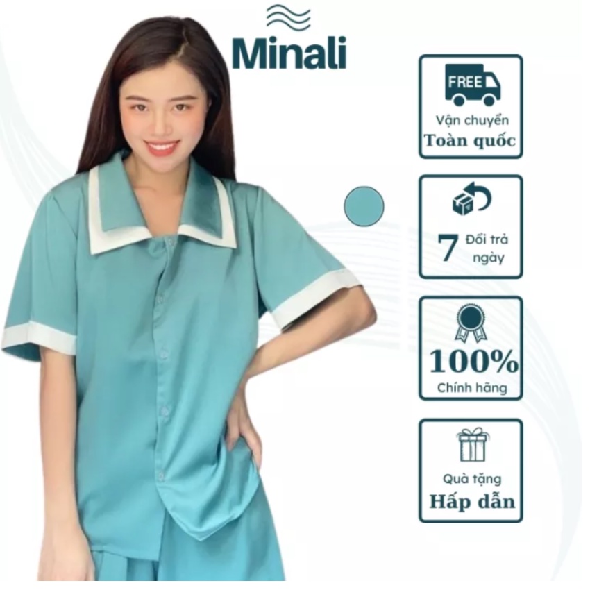 Đồ Bộ Pijama Nữ Quần Đùi Tay Cộc Dáng Tiểu Thư Kiểu Set Đi Chơi Thiết Kế Minali Xinh Chất Lụa Ngọc Trai Nhân Tạo Cao Cấp