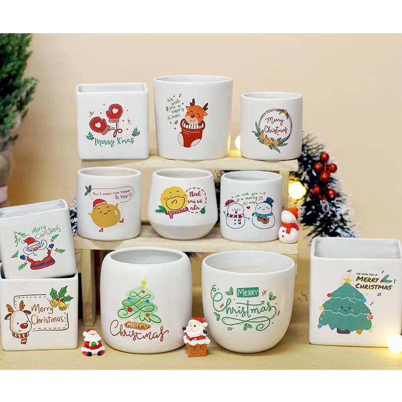 Chậu men quà tặng Giáng Sinh, chậu in Noel để bàn nhiều mẫu (không kèm cây) - Chậu trụ 2 size