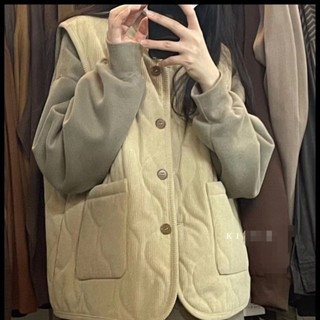 Thu đông 2022 phiên bản hàn quốc corduroy line cotton áo vest không tay túi rời phù hợp với ấm áp ngoài mặc áo vest