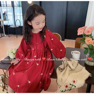 Váy đỏ thô hoa bé gái 1-10y