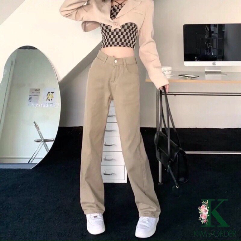 Quần bò jean kaki nữ ống rộng xuông jeans cạp cao phong cách Hàn Quốc style | BigBuy360 - bigbuy360.vn