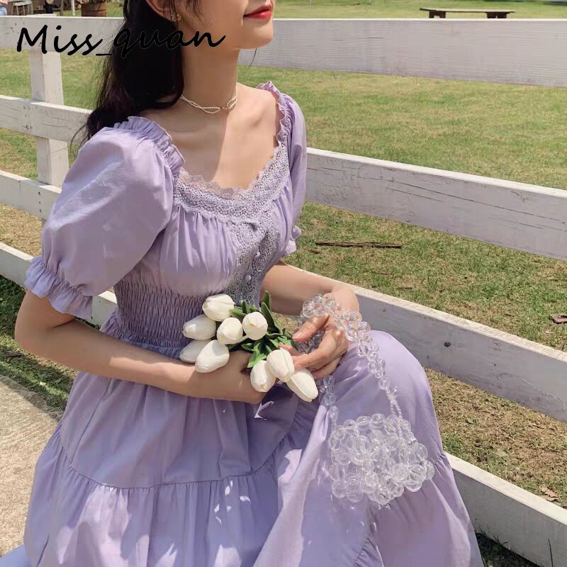 Đầm Maxi Dài Cổ Vuông Phối Ren Màu Tím Phong Cách Vintage Thanh Lịch Dành Cho Nữ