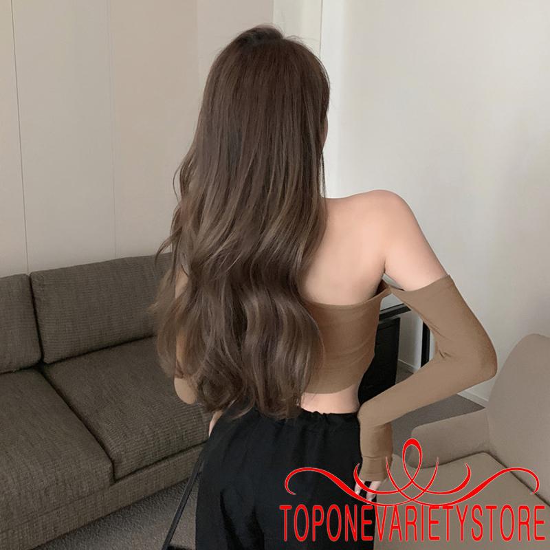 Áo Croptop Trễ Vai Tay Dài Màu Trơn Thiết Kế Đơn Giản Cho Nữ