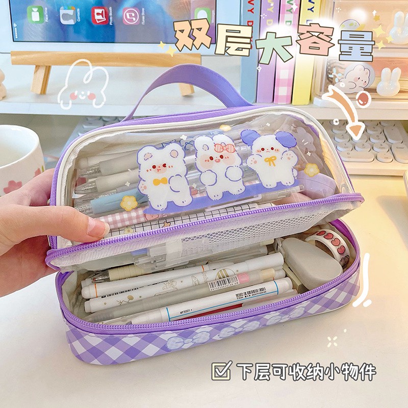 Hộp Đựng Bút, Túi Đựng Bút Trong Suốt Hai Ngăn Có Quai Xách Dễ Thương, Sức Chứa Lớn_YUMY