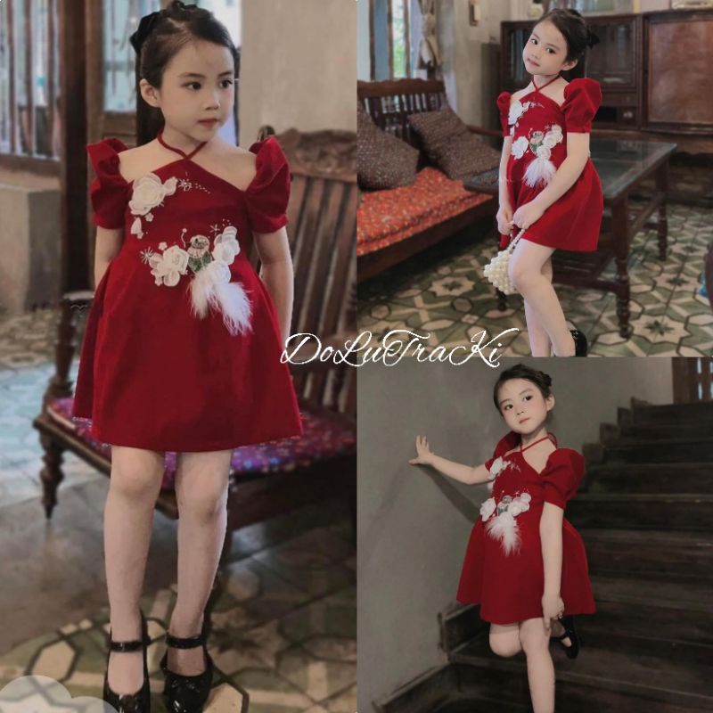 Váy  nhung cổ yếm tay bồng thêu nổi tiểu thư xinh xắn bé gái